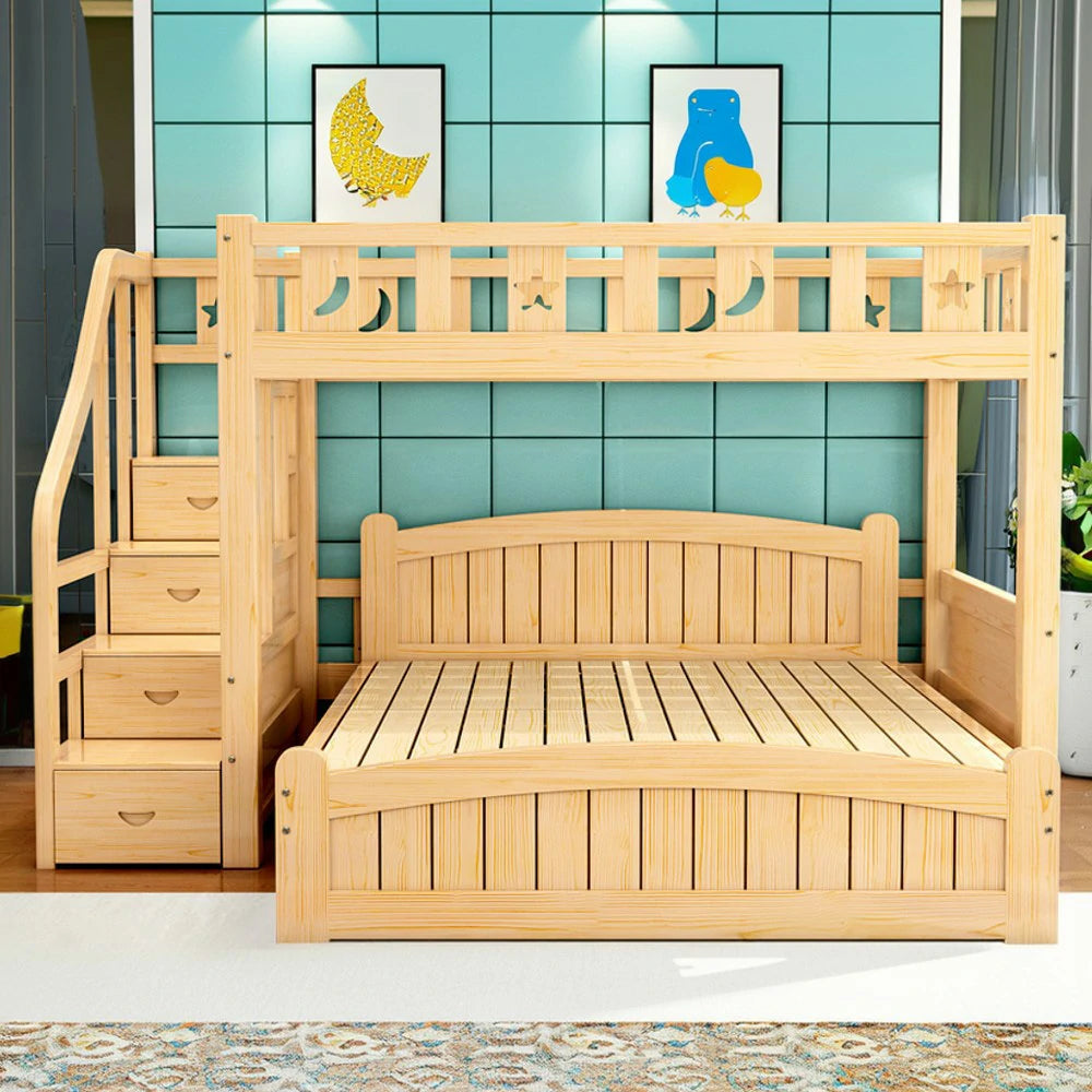 LUXORA Bunk Bed 120/135/150cm - Eco-Friendly Solid Wood, Reinforced Legs with Protective Edging, Wide Ladder Cabinet, Safe and Durable Design - Wood