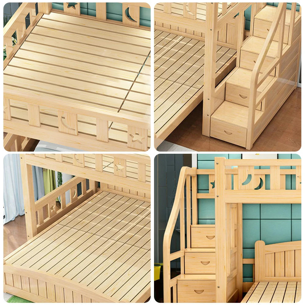 LUXORA Bunk Bed 120/135/150cm - Eco-Friendly Solid Wood, Reinforced Legs with Protective Edging, Wide Ladder Cabinet, Safe and Durable Design - Wood