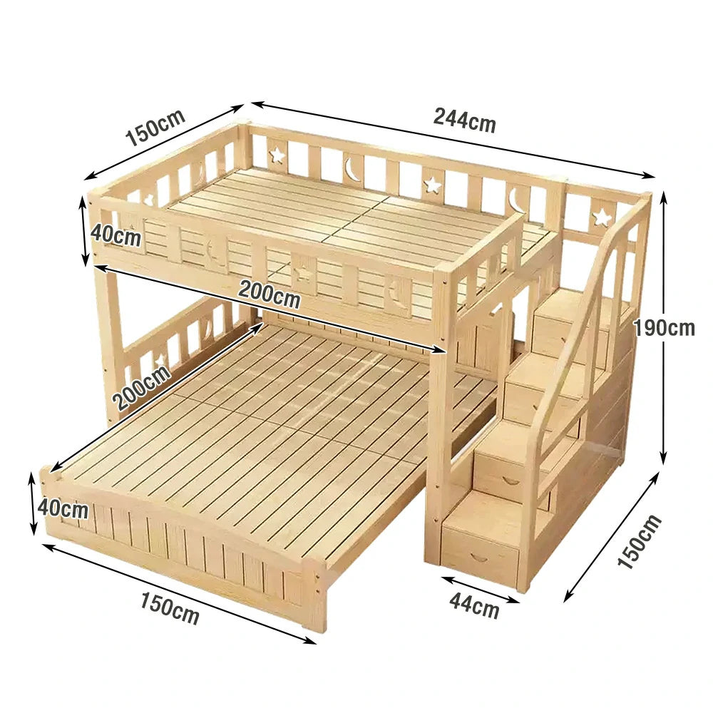 LUXORA Bunk Bed 120/135/150cm - Eco-Friendly Solid Wood, Reinforced Legs with Protective Edging, Wide Ladder Cabinet, Safe and Durable Design - Wood