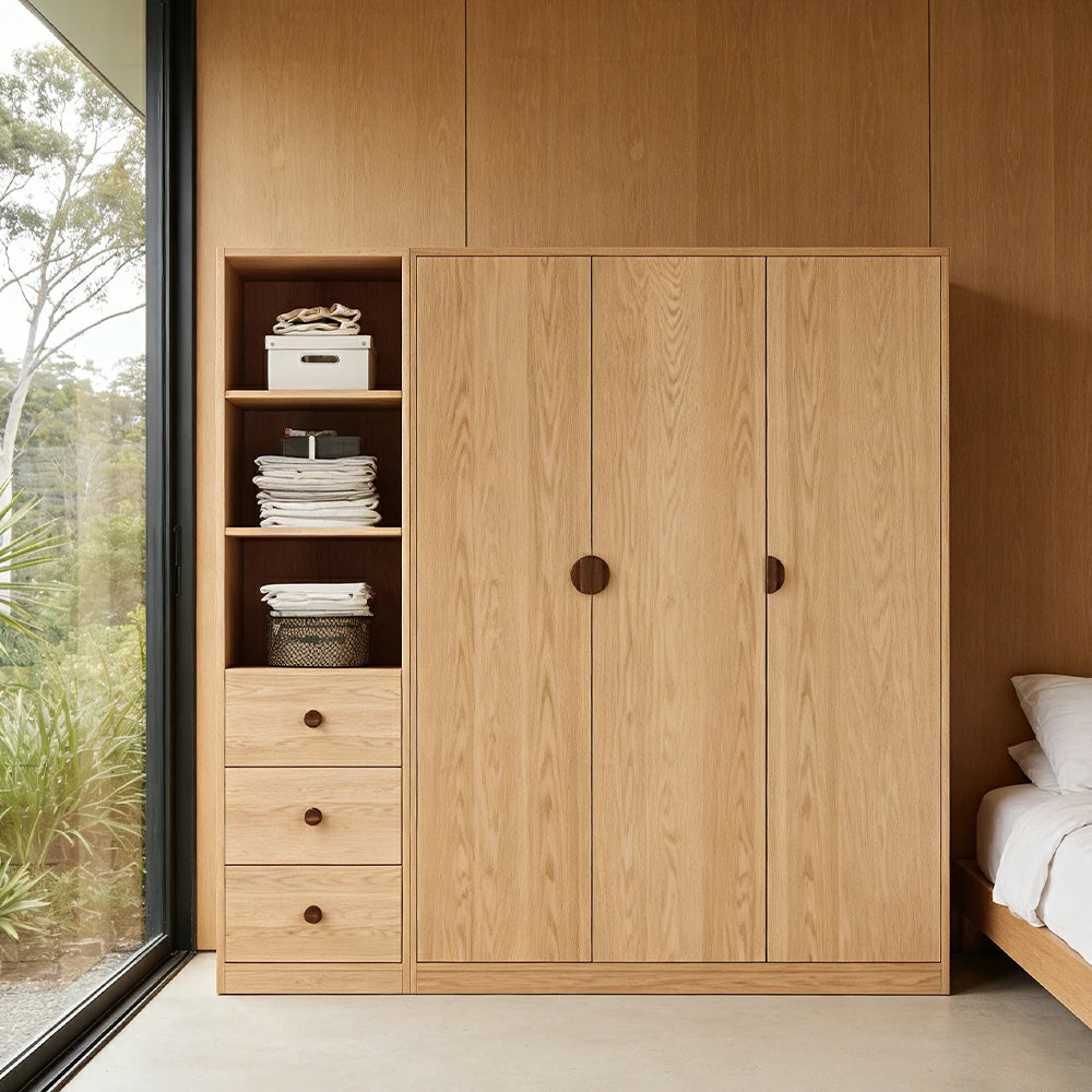 LUXORA 160/180cm Oak Wardrobe Cabinet - Dual Hanging Storage with Solid North American Oak, Child-Friendly Height & Space-Saving Design - Wood