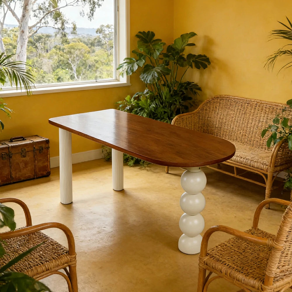 LUXORA 140/160cm Single Solid Wood Dining Table - French Cream Style, Semi-Oval Edge Design, Space-Saving Table for Dining & Work Spaces - Walnut & Cream