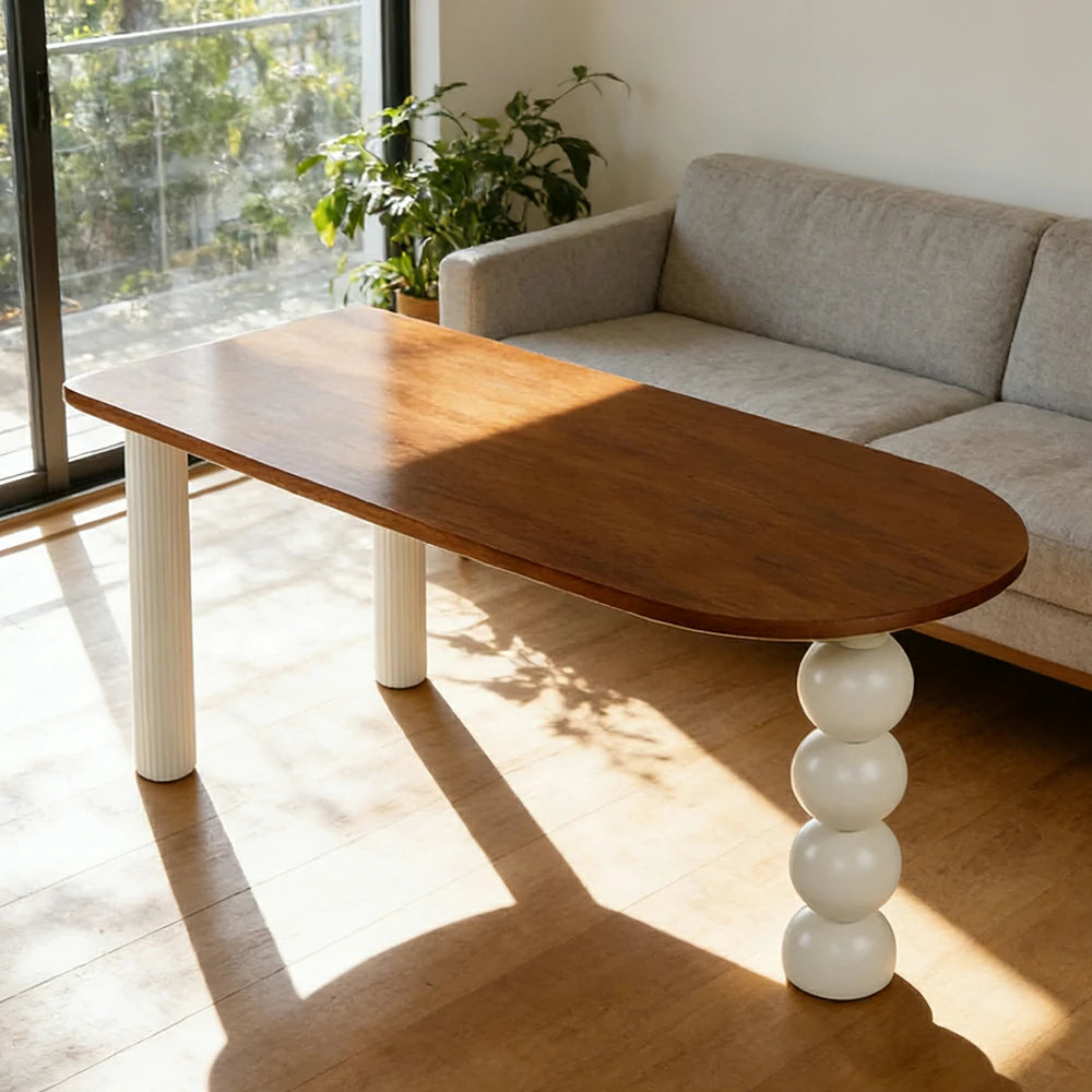 LUXORA 140/160cm Single Solid Wood Dining Table - French Cream Style, Semi-Oval Edge Design, Space-Saving Table for Dining & Work Spaces - Walnut & Cream