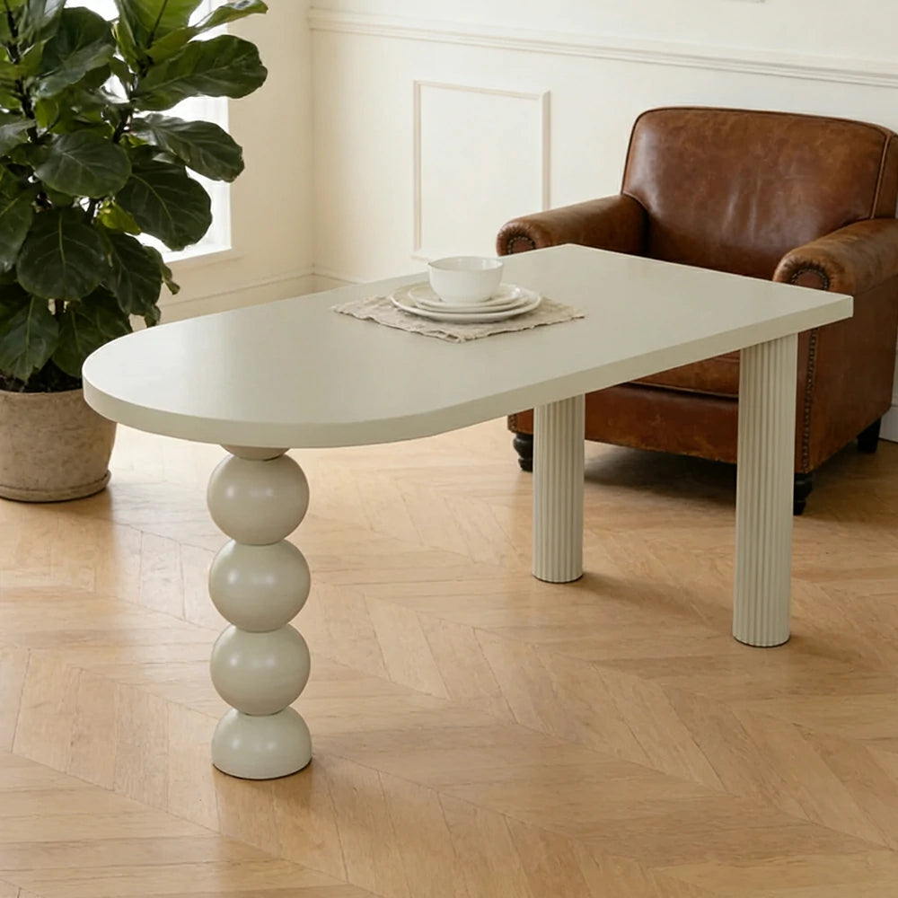 LUXORA 140/160cm Single Solid Wood Dining Table - French Cream Style, Semi-Oval Edge Design, Space-Saving Table for Dining & Work Spaces - White