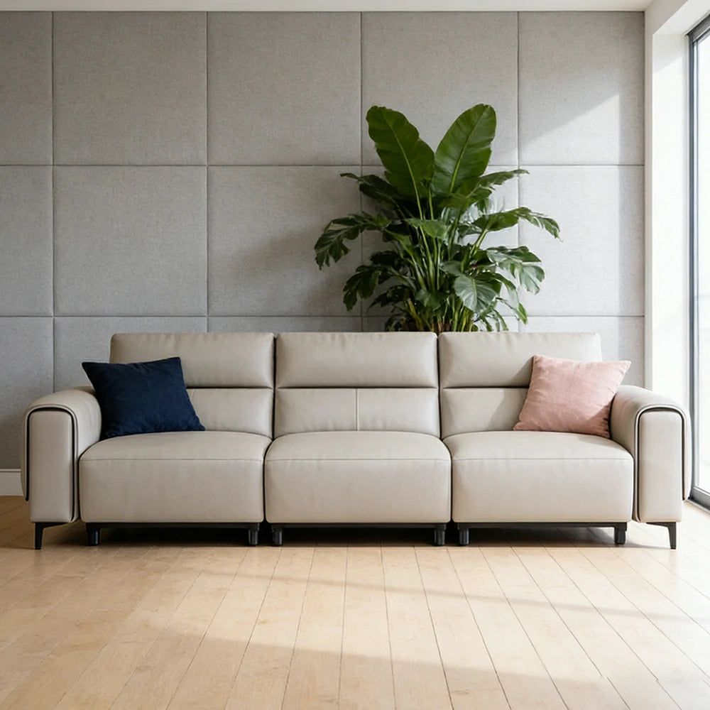 LUXORA 3-Seater Electric Recliner Sofa 230/290cm Wide-Angle Adjustment Top-Grain Leather Dual-Layer Comfort Cushion - Beige