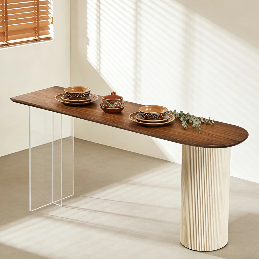 LUXORA 140/160cm Solid Pine Bar Table - Japandi Wabi-Sabi Design, 5cm Thick Wood Top, Space-Saving Wall Bar Table for Dining & Living Areas - Walnut & Cream