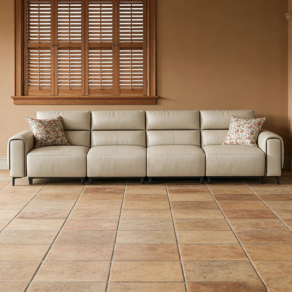 LUXORA 4-Seater Electric Recliner Sofa 310/370cm Wide-Angle Adjustment Top-Grain Leather Dual-Layer Comfort Cushion - Beige