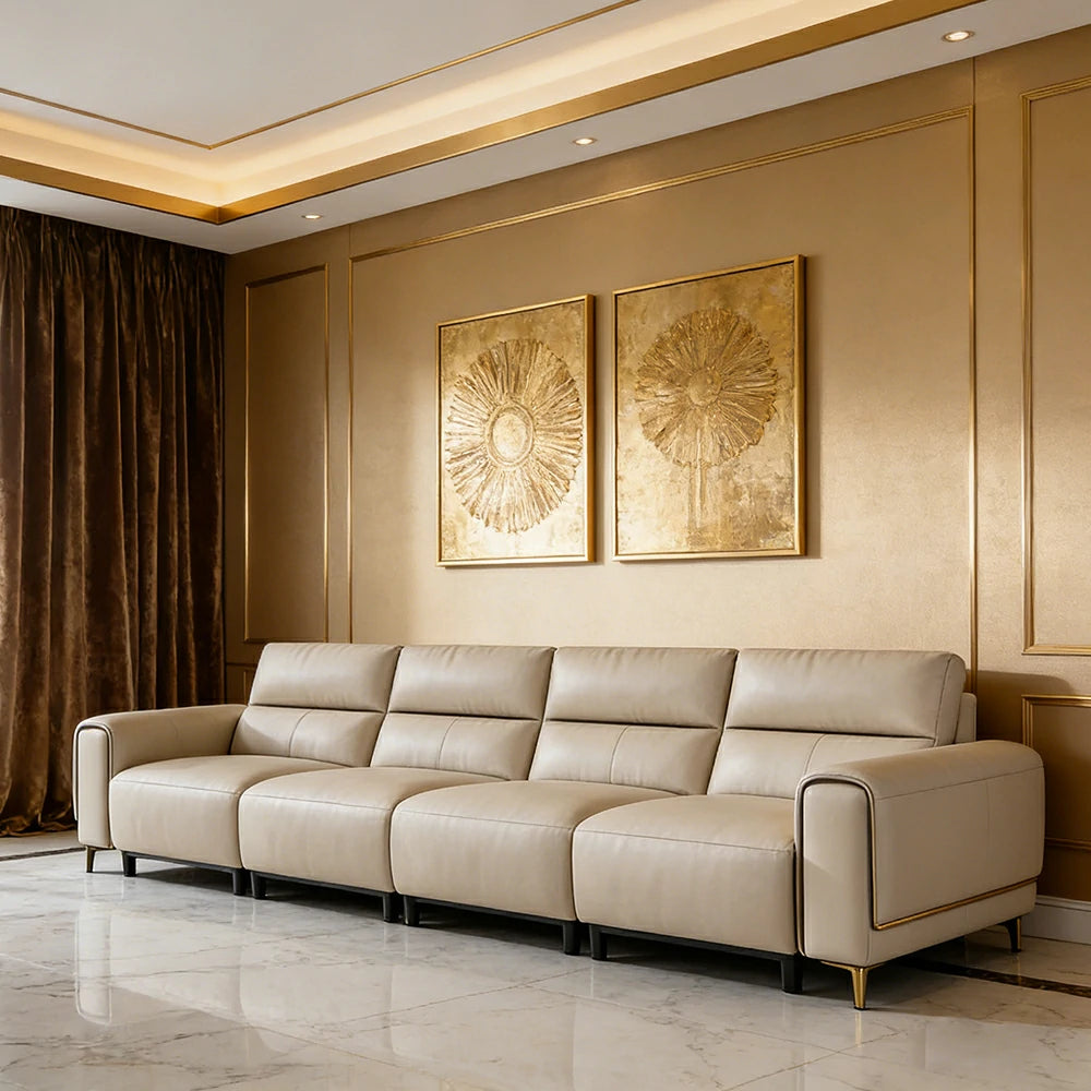 LUXORA 4-Seater Electric Recliner Sofa 310/370cm Wide-Angle Adjustment Top-Grain Leather Dual-Layer Comfort Cushion - Beige