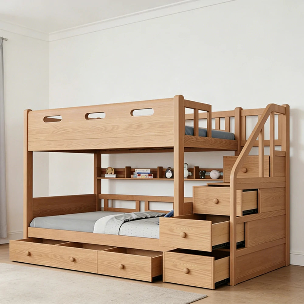 LUXORA 100/120cm Kids Bunk Bed Storage Staircase Solid Pine Frame with 3 Drawers Equal Width Design Safety Rails