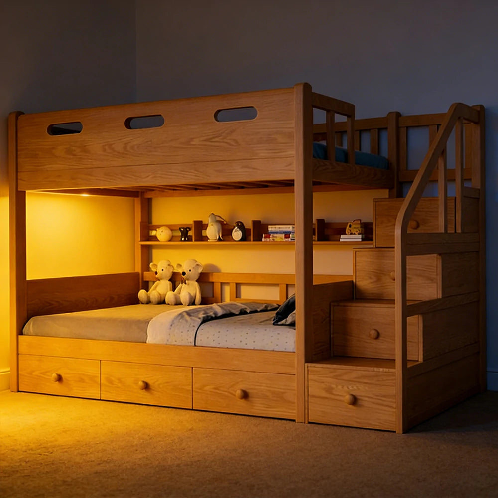 LUXORA 100/120cm Kids Bunk Bed Storage Staircase Solid Pine Frame with 3 Drawers Equal Width Design Safety Rails