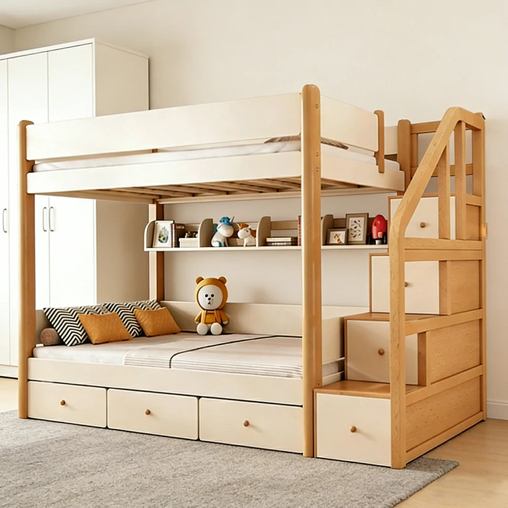 LUXORA 100/120cm Kids Bunk Bed with Storage Staircase 3 Drawers Solid Pine Frame Equal Width Design Safety Rails