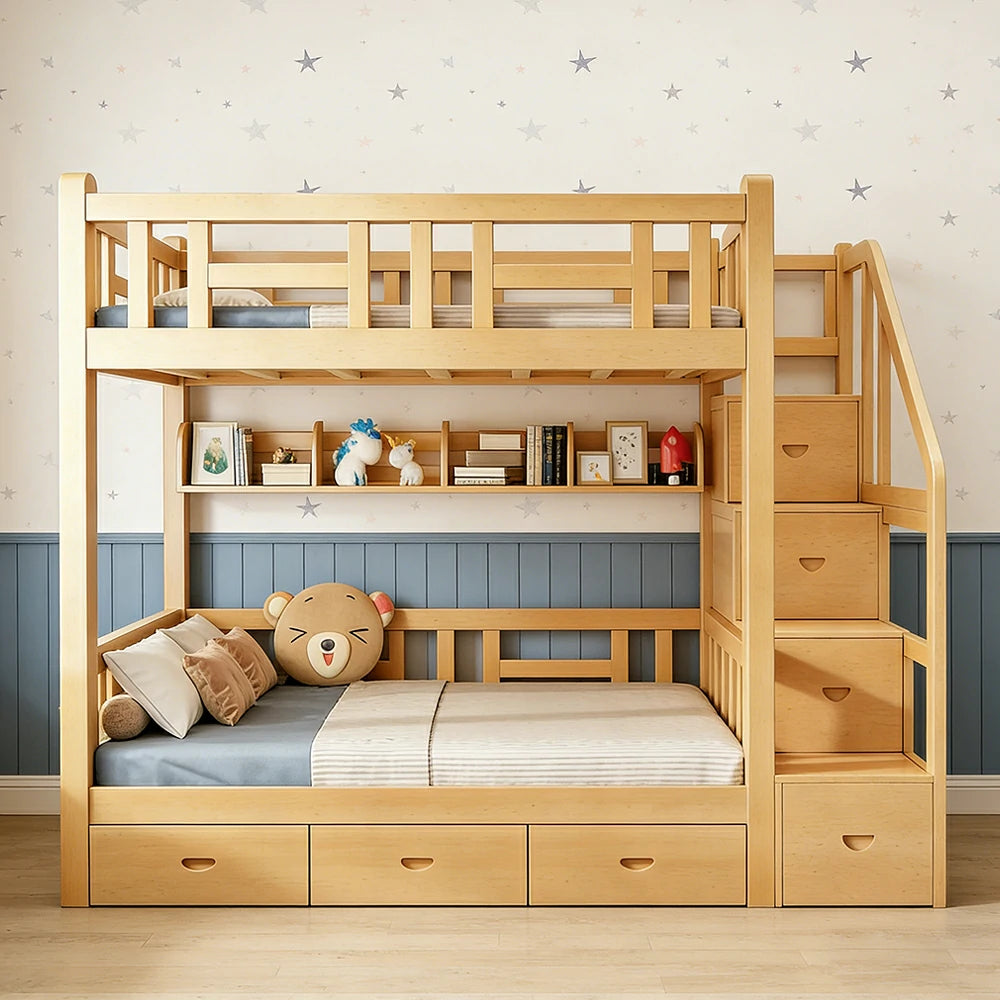 LUXORA 100/120cm Solid Pine Kids Bunk Bed Storage Stairs with 3 Drawers Equal Width Structure Safety Guard Rails