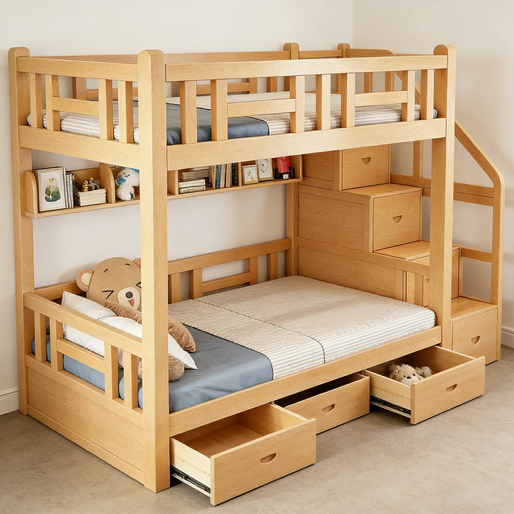LUXORA 100/120cm Solid Pine Kids Bunk Bed Storage Stairs with 3 Drawers Equal Width Structure Safety Guard Rails