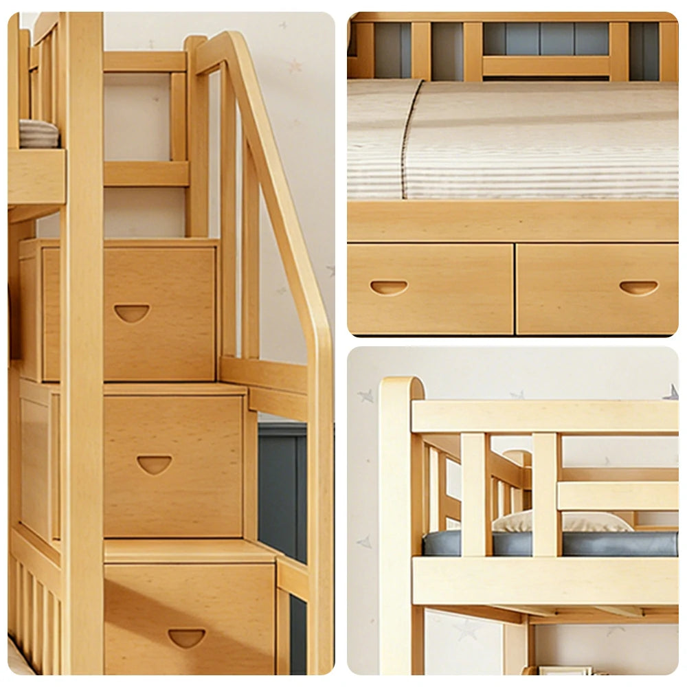 LUXORA 100/120cm Solid Pine Kids Bunk Bed Storage Stairs with 3 Drawers Equal Width Structure Safety Guard Rails