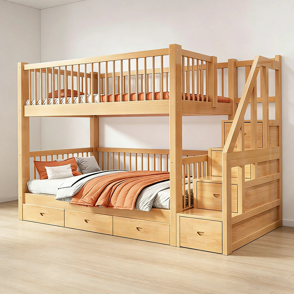 LUXORA 100/120cm Kids Bunk Bed Solid Pine Wood Frame with 3 Drawer Storage Stairs Equal Width Top and Bottom Safety Design