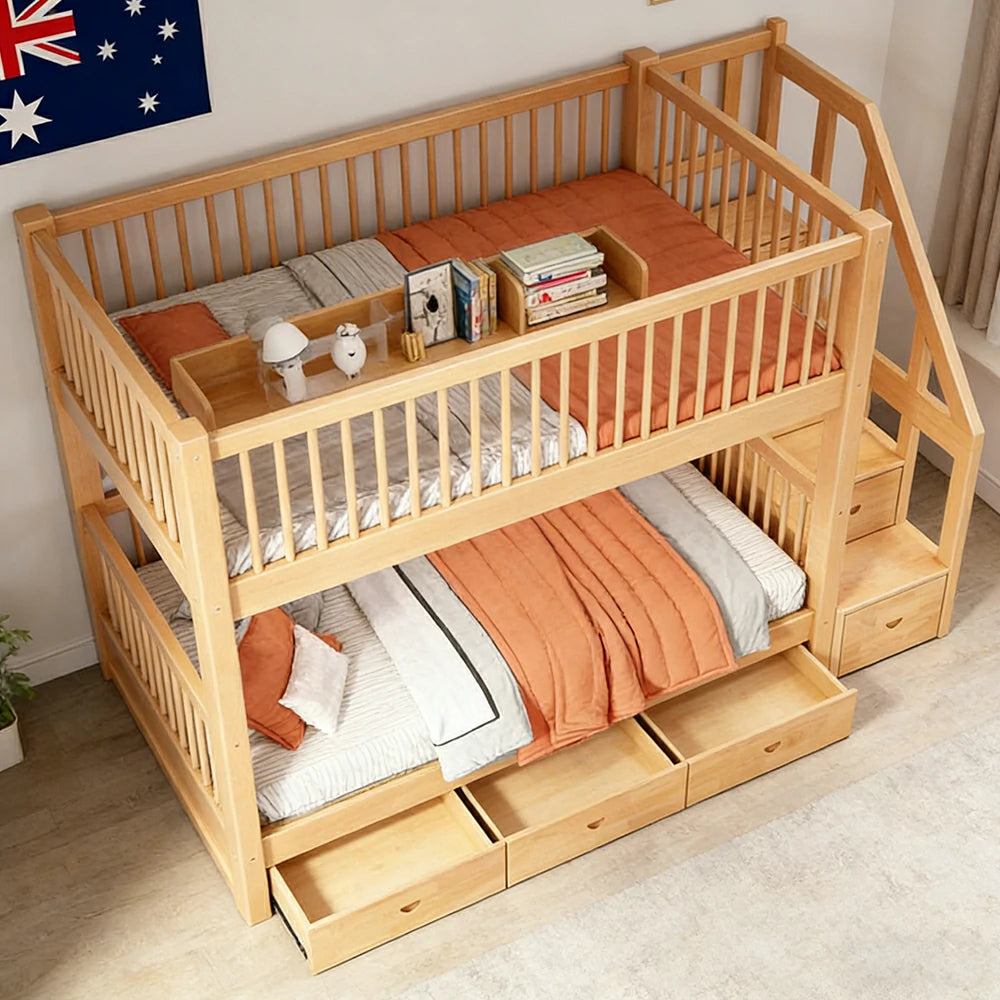 LUXORA 100/120cm Kids Bunk Bed Solid Pine Wood Frame with 3 Drawer Storage Stairs Equal Width Top and Bottom Safety Design
