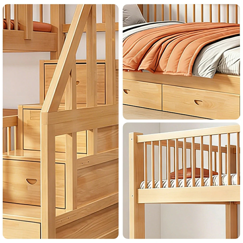 LUXORA 100/120cm Kids Bunk Bed Solid Pine Wood Frame with 3 Drawer Storage Stairs Equal Width Top and Bottom Safety Design