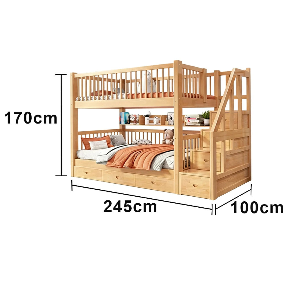 LUXORA 100/120cm Kids Bunk Bed Solid Pine Wood Frame with 3 Drawer Storage Stairs Equal Width Top and Bottom Safety Design