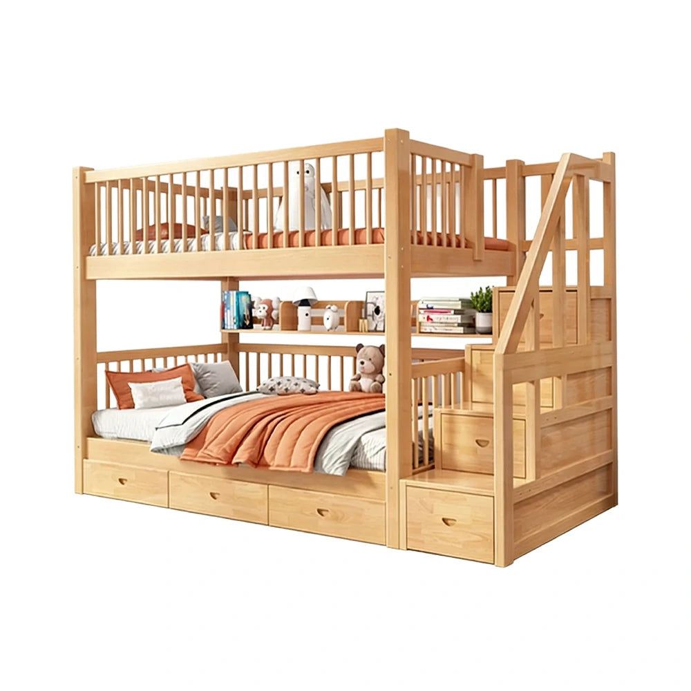LUXORA 100/120cm Kids Bunk Bed Solid Pine Wood Frame with 3 Drawer Storage Stairs Equal Width Top and Bottom Safety Design