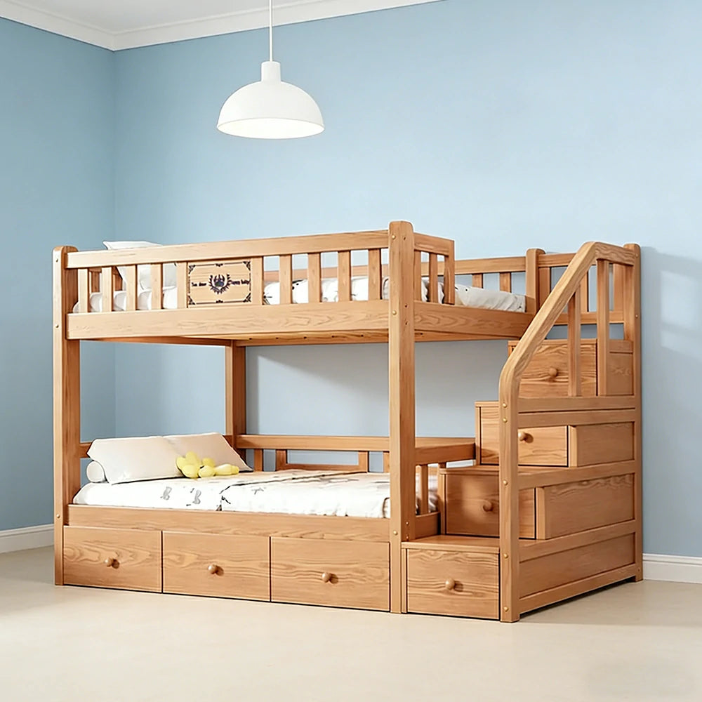 LUXORA 100/120cm Storage Staircase Kids Bunk Bed Solid Pine Structure 3 Drawers Equal Width Safety Rails