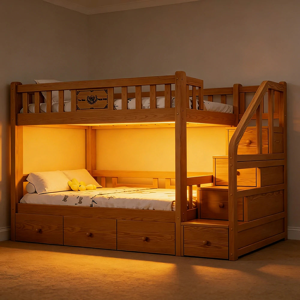 LUXORA 100/120cm Storage Staircase Kids Bunk Bed Solid Pine Structure 3 Drawers Equal Width Safety Rails