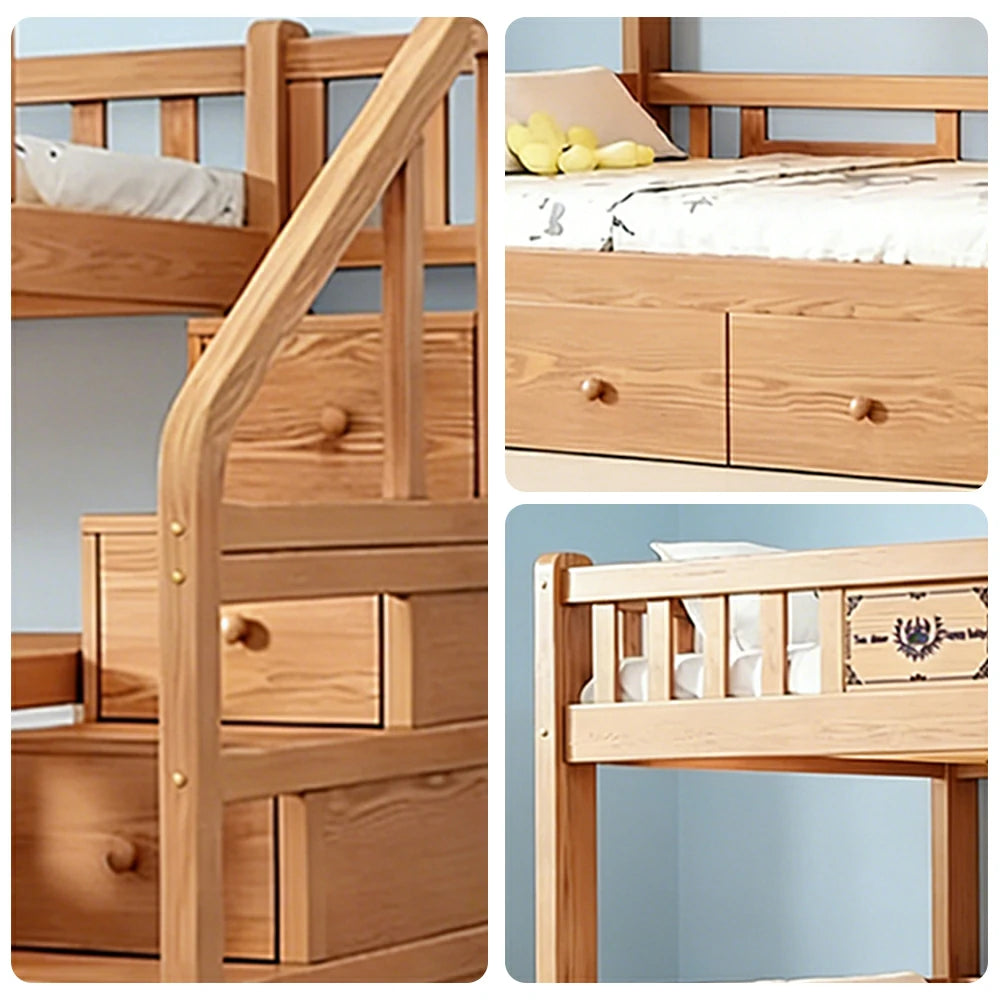 LUXORA 100/120cm Storage Staircase Kids Bunk Bed Solid Pine Structure 3 Drawers Equal Width Safety Rails