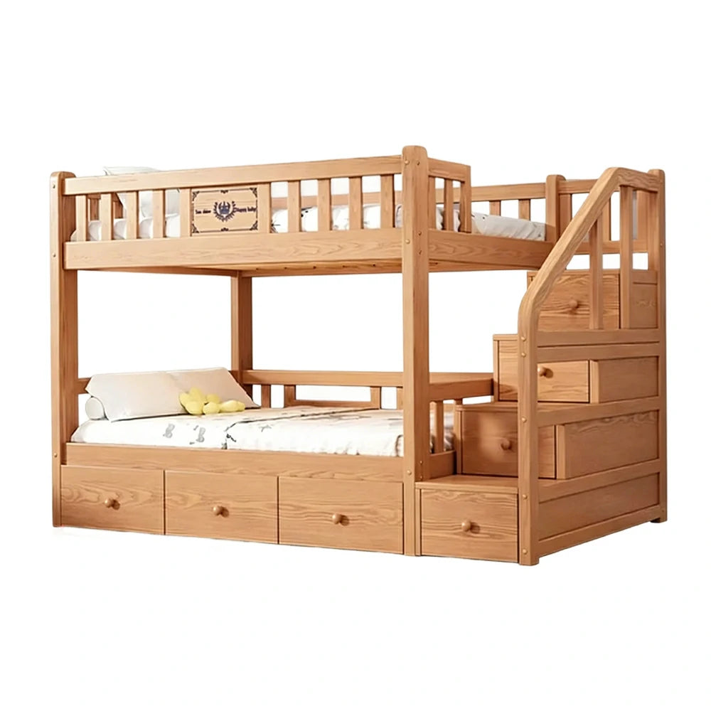 LUXORA 100/120cm Storage Staircase Kids Bunk Bed Solid Pine Structure 3 Drawers Equal Width Safety Rails