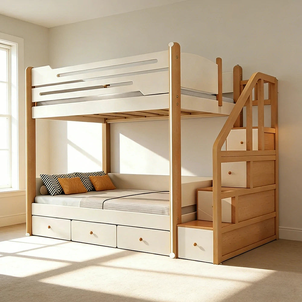 LUXORA 100/120cm Kids Bunk Bed with 3 Drawer Storage Stairs Solid Pine Frame Equal Width Structure Safety Features