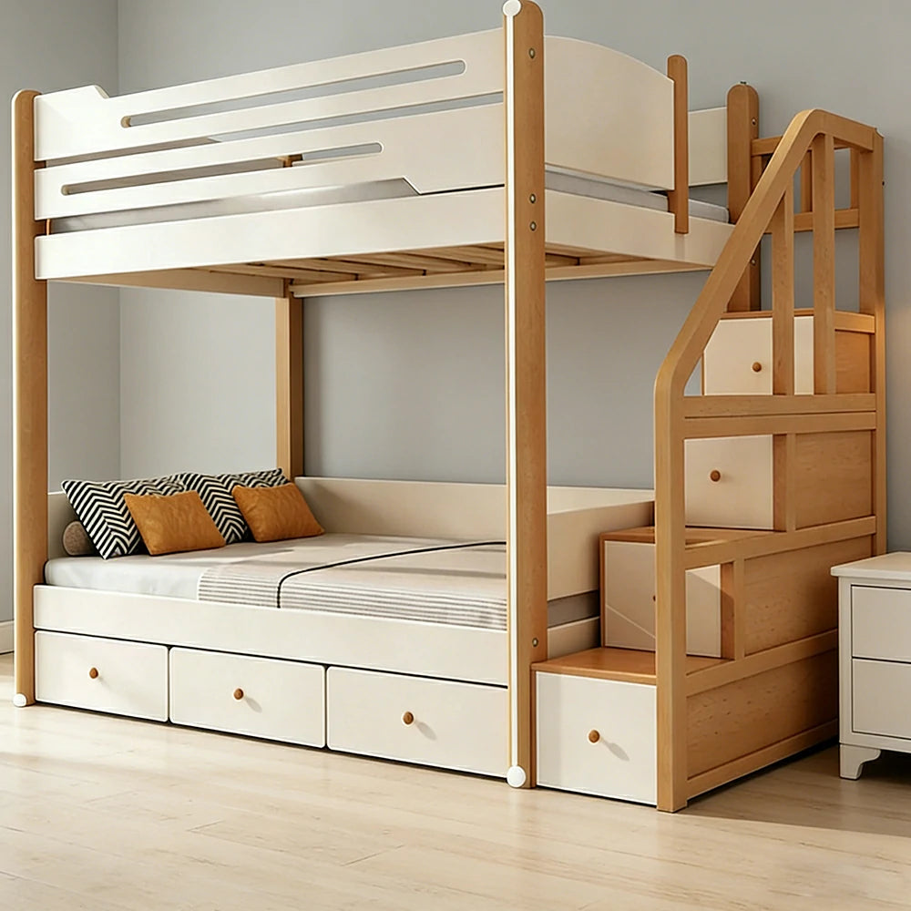 LUXORA 100/120cm Kids Bunk Bed with 3 Drawer Storage Stairs Solid Pine Frame Equal Width Structure Safety Features
