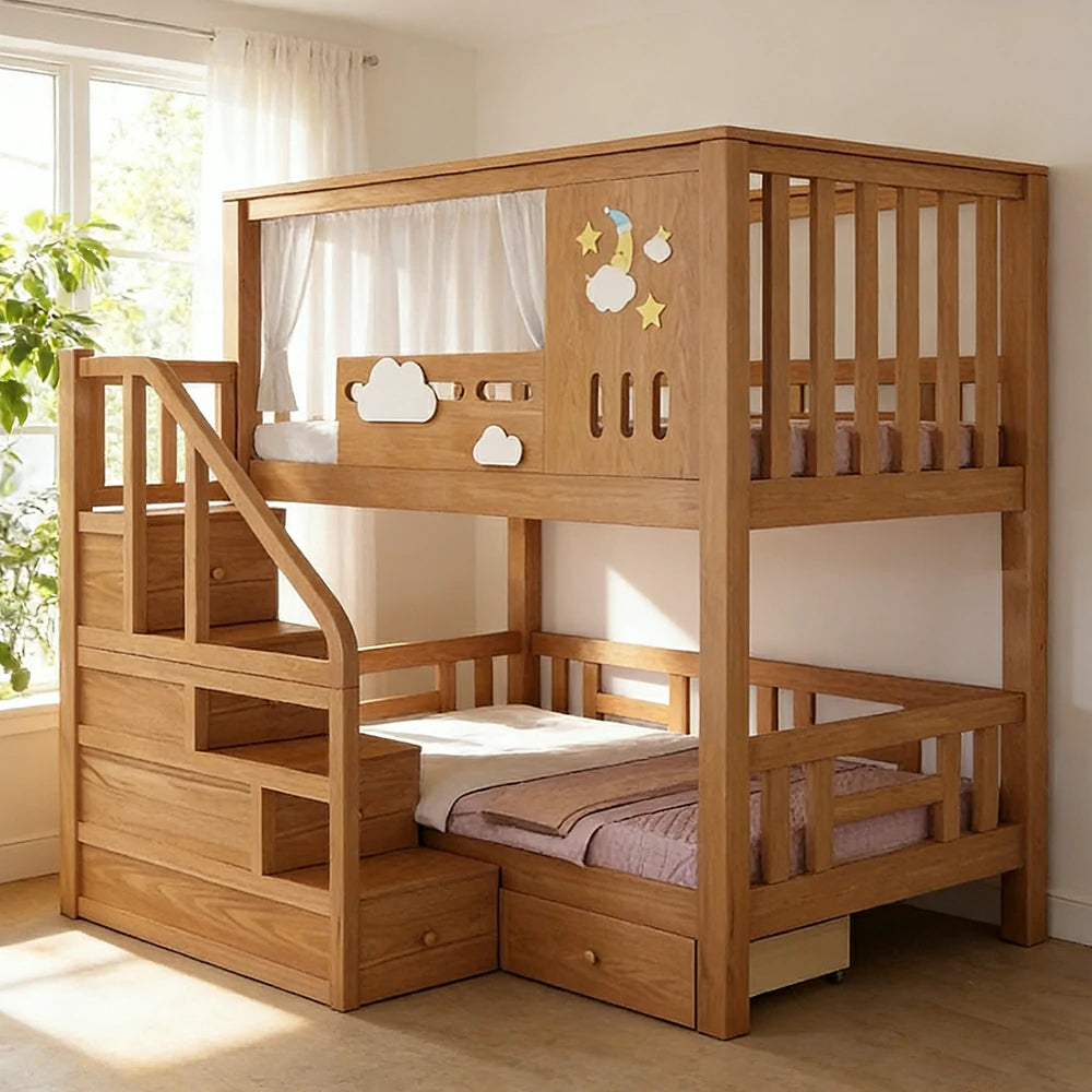 LUXORA Solid Pine Kids Bunk Bed 100/120cm Equal Width Design with Storage Stairs 3 Drawers Safety Rails