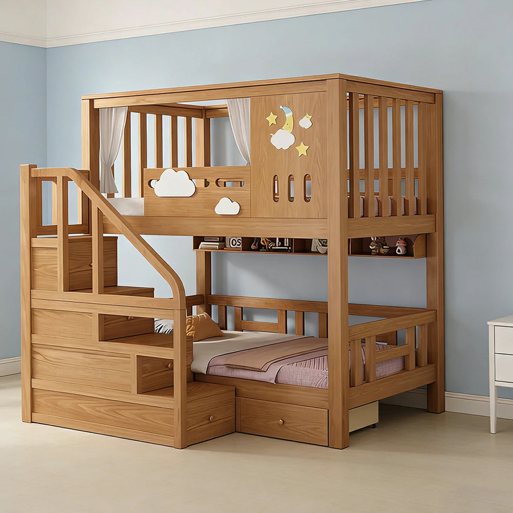 LUXORA Solid Pine Kids Bunk Bed 100/120cm Equal Width Design with Storage Stairs 3 Drawers Safety Rails