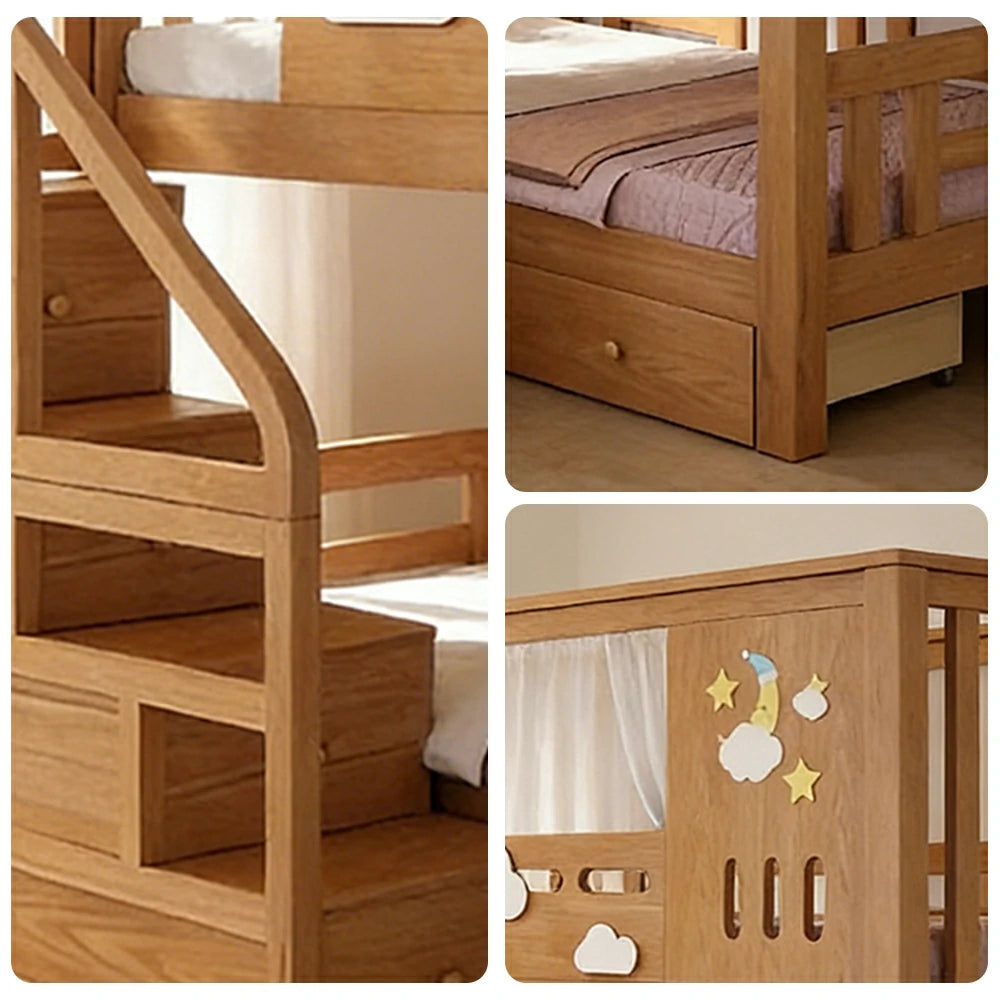 LUXORA Solid Pine Kids Bunk Bed 100/120cm Equal Width Design with Storage Stairs 3 Drawers Safety Rails