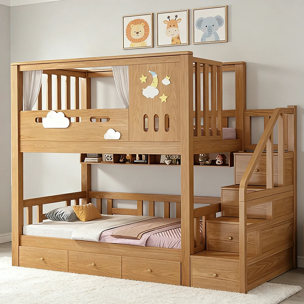 LUXORA 100/120cm Kids Bunk Bed Storage Stairs Solid Pine Frame 3 Drawers Equal Width Safety Structure