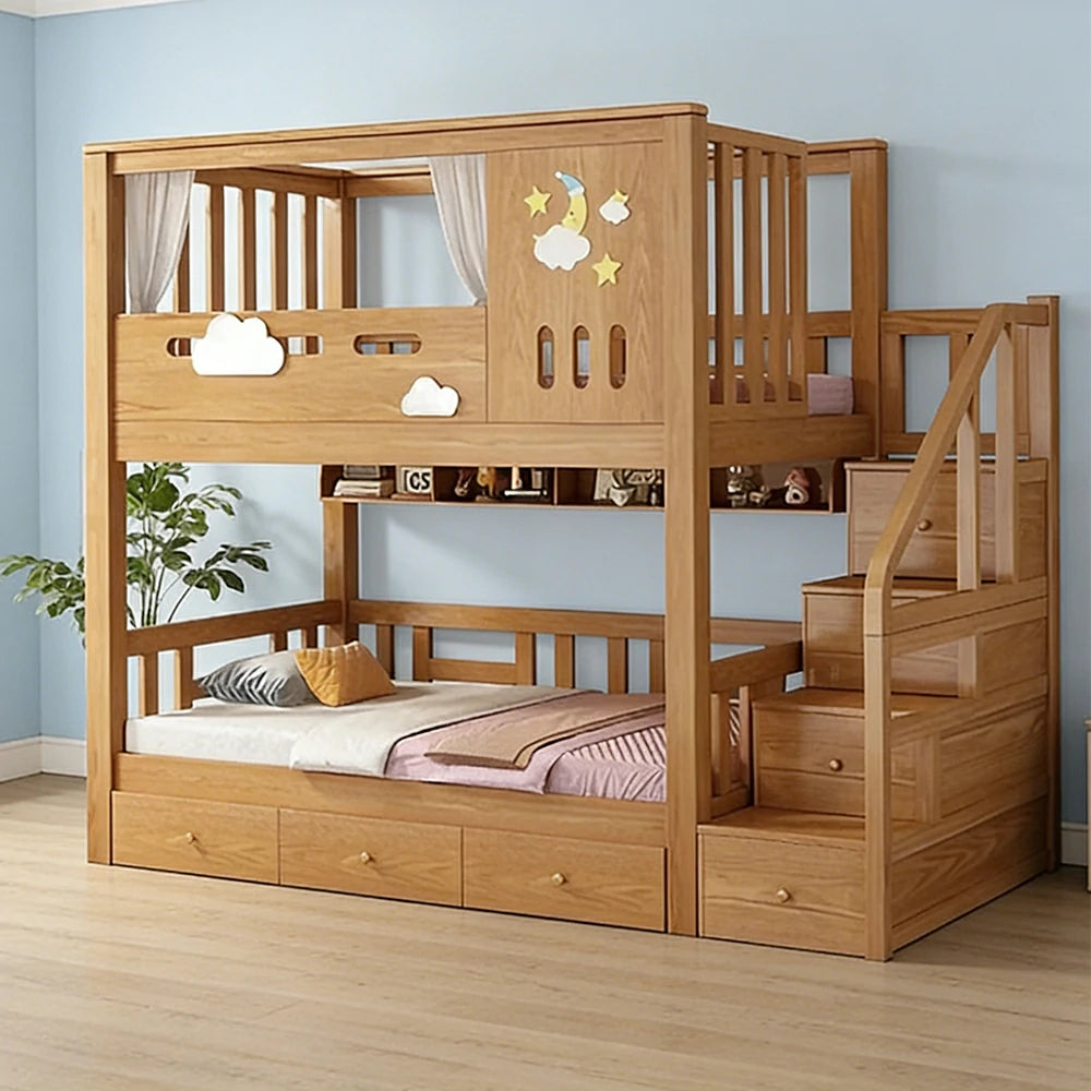 LUXORA 100/120cm Kids Bunk Bed Storage Stairs Solid Pine Frame 3 Drawers Equal Width Safety Structure