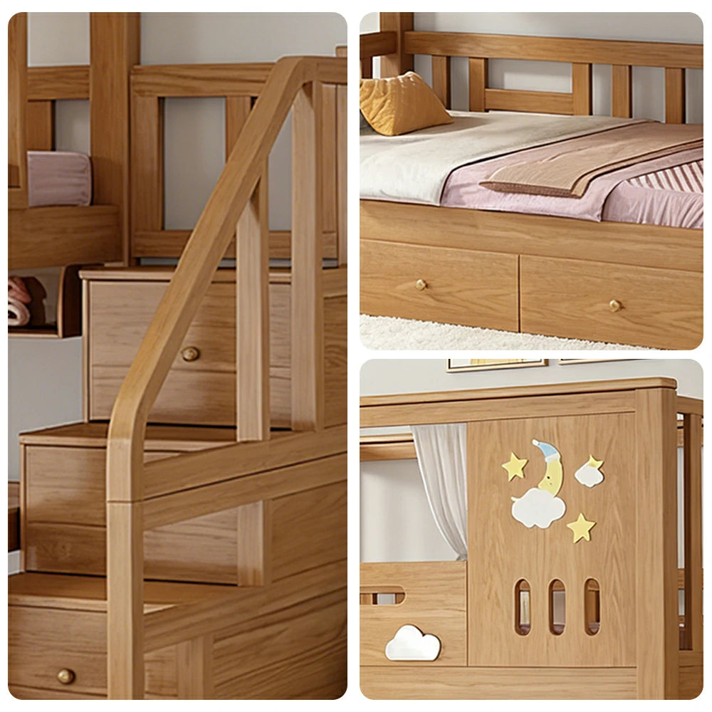LUXORA 100/120cm Kids Bunk Bed Storage Stairs Solid Pine Frame 3 Drawers Equal Width Safety Structure