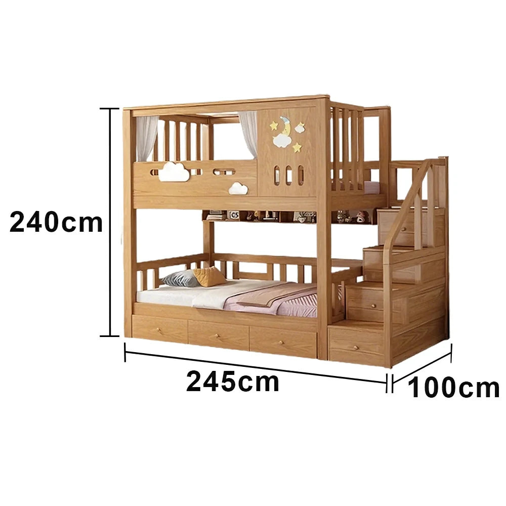 LUXORA 100/120cm Kids Bunk Bed Storage Stairs Solid Pine Frame 3 Drawers Equal Width Safety Structure
