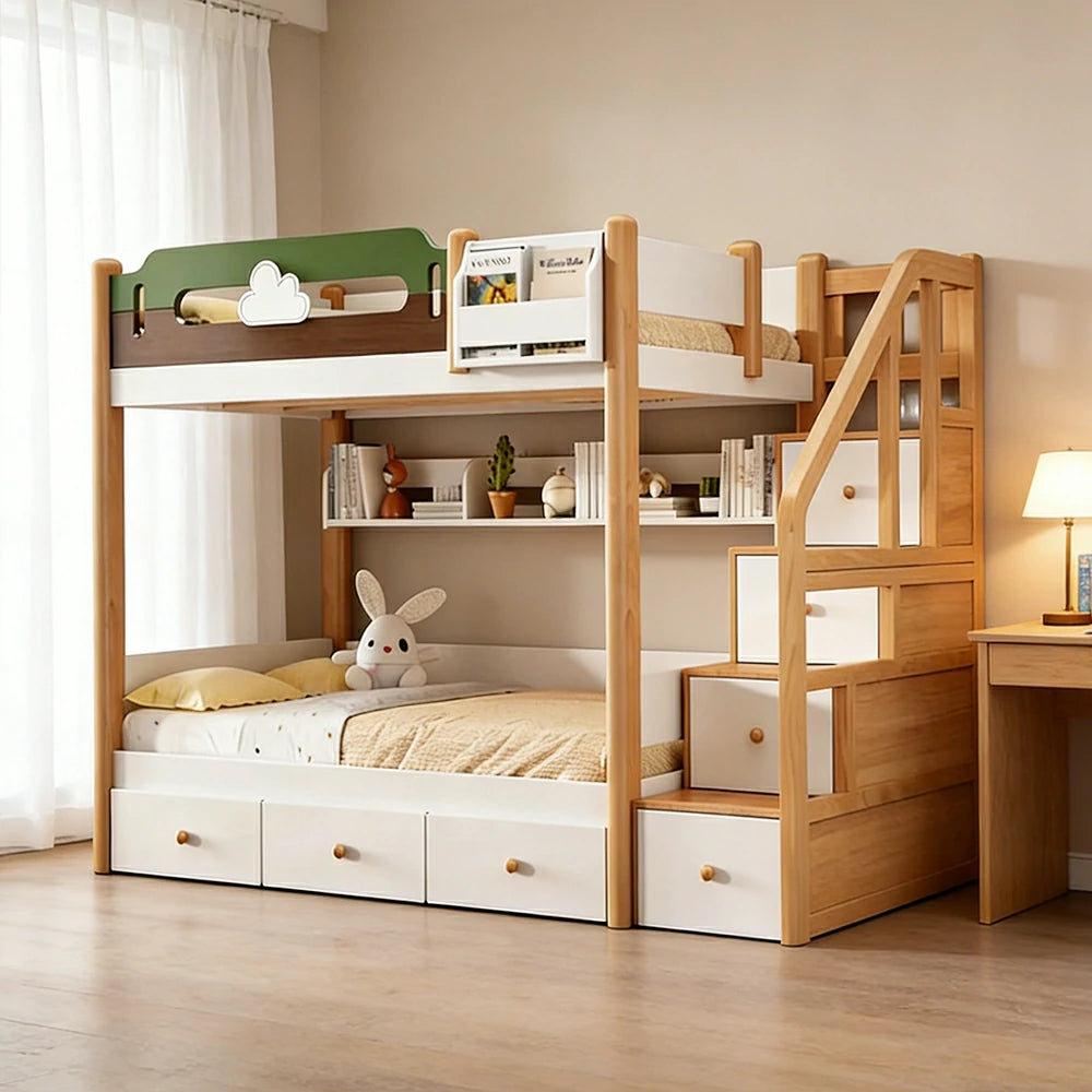 LUXORA 100/120cm Equal Width Kids Bunk Bed with Storage Staircase Solid Pine Wood Frame 3 Drawers Safety Design