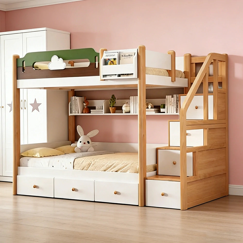 LUXORA 100/120cm Equal Width Kids Bunk Bed with Storage Staircase Solid Pine Wood Frame 3 Drawers Safety Design