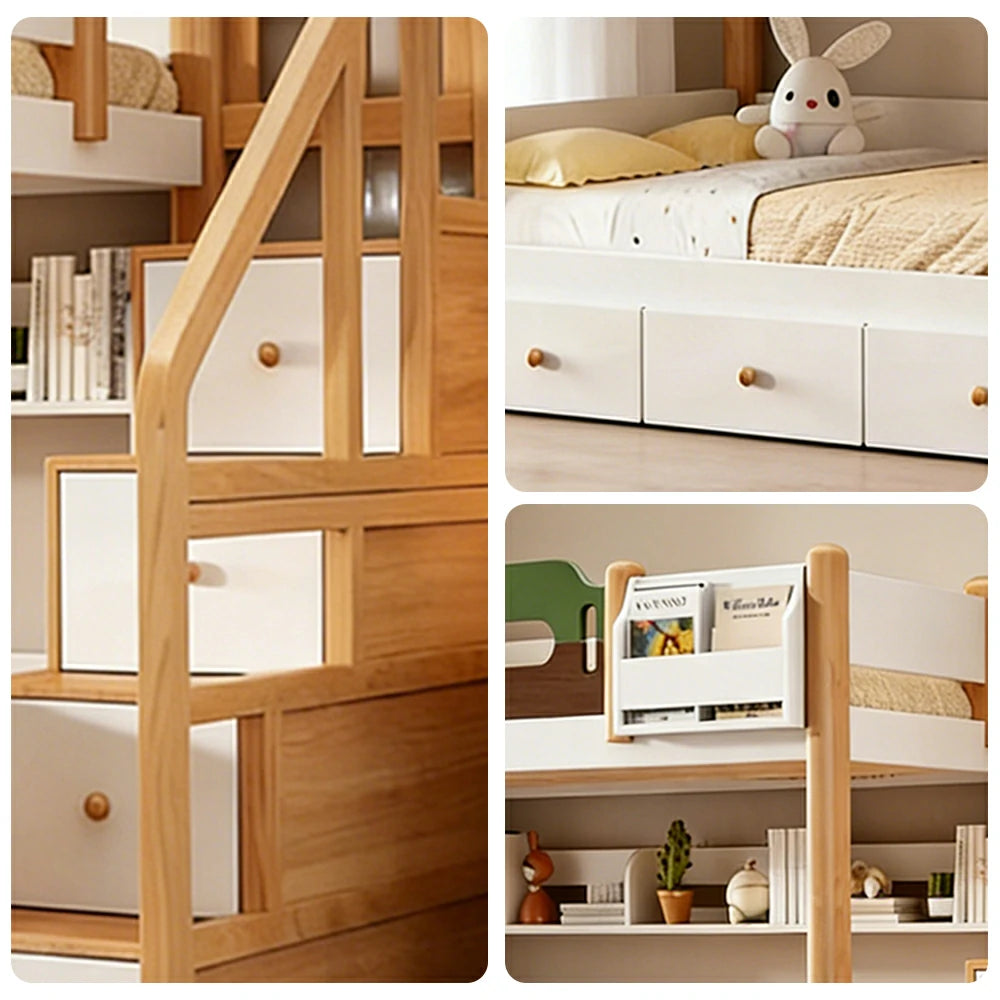 LUXORA 100/120cm Equal Width Kids Bunk Bed with Storage Staircase Solid Pine Wood Frame 3 Drawers Safety Design