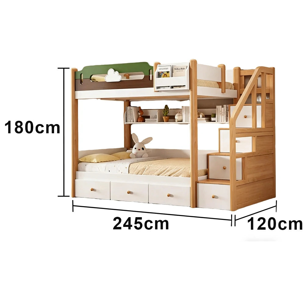 LUXORA 100/120cm Equal Width Kids Bunk Bed with Storage Staircase Solid Pine Wood Frame 3 Drawers Safety Design