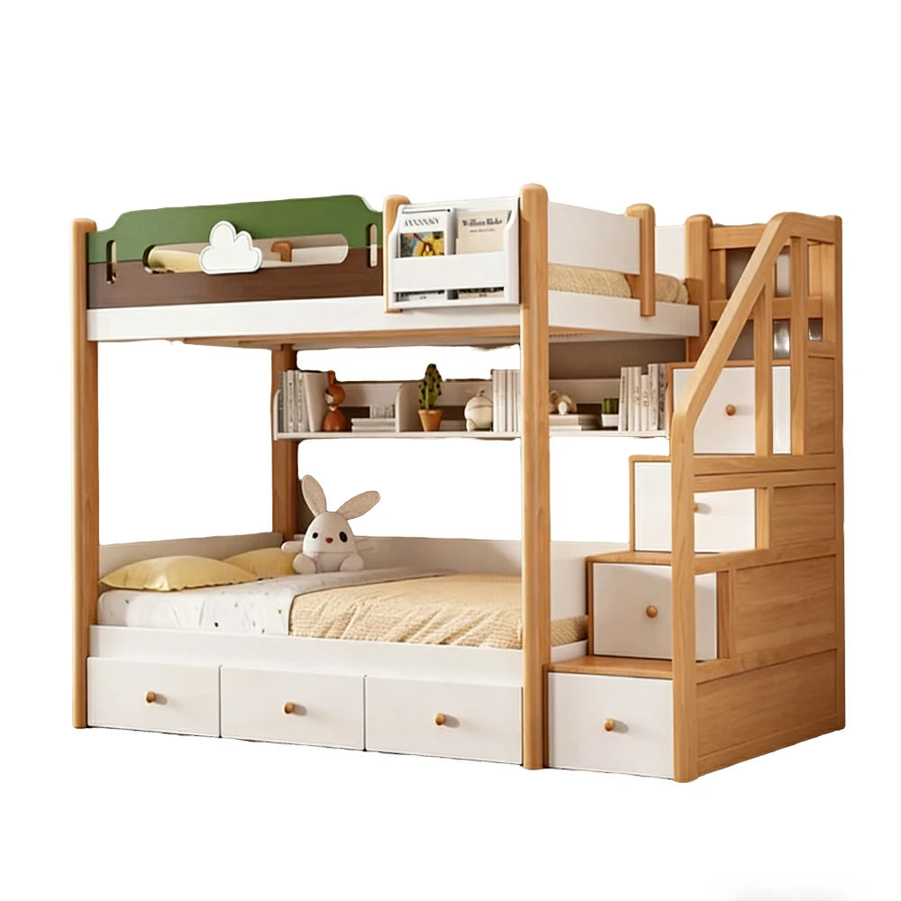 LUXORA 100/120cm Equal Width Kids Bunk Bed with Storage Staircase Solid Pine Wood Frame 3 Drawers Safety Design