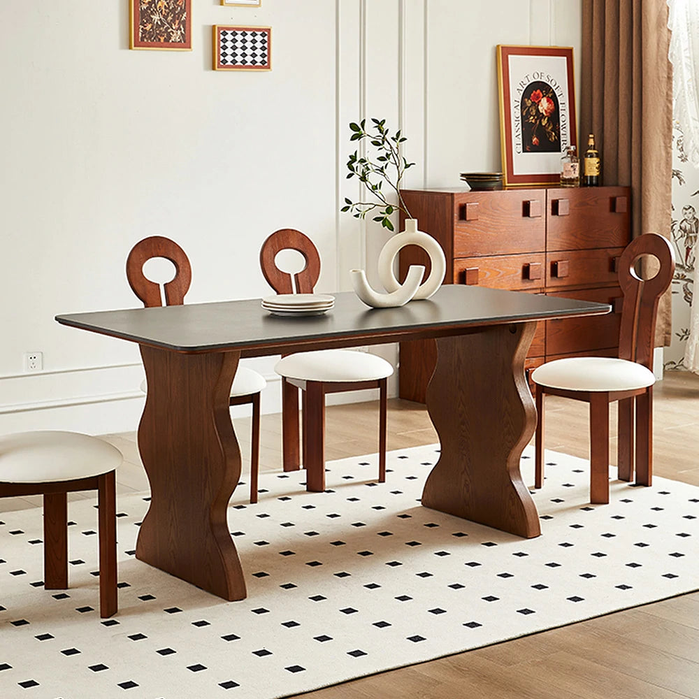 LUXORA Ripple Dining Table – Minimalist French Wave Design, Black Matte Sintered Stone Top, Solid Wood Base, 140/160/180cm, Durable & Easy-Clean