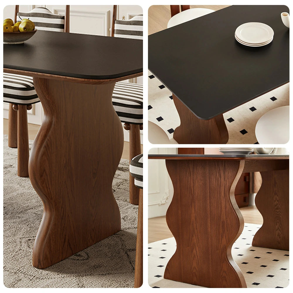 LUXORA Ripple Dining Table – Minimalist French Wave Design, Black Matte Sintered Stone Top, Solid Wood Base, 140/160/180cm, Durable & Easy-Clean