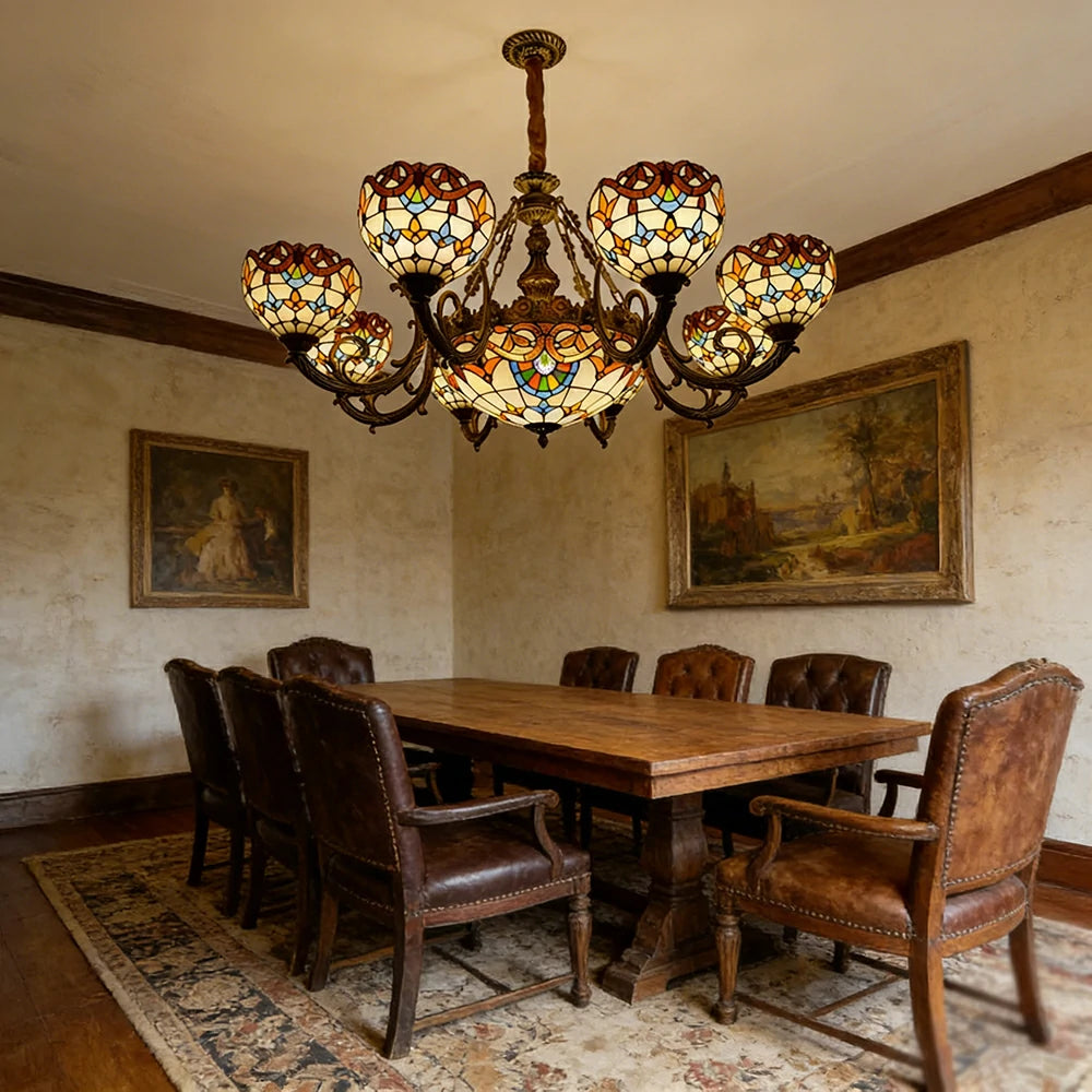 LUXORA 110/120cm European Vintage Colored Glass Chandelier Multi-Light Iron Decorative Adjustable Chain Living Room Dining Bedroom Study