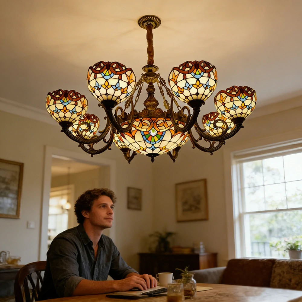 LUXORA 110/120cm European Vintage Colored Glass Chandelier Multi-Light Iron Decorative Adjustable Chain Living Room Dining Bedroom Study