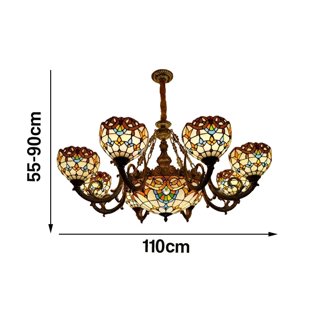 LUXORA 110/120cm European Vintage Colored Glass Chandelier Multi-Light Iron Decorative Adjustable Chain Living Room Dining Bedroom Study