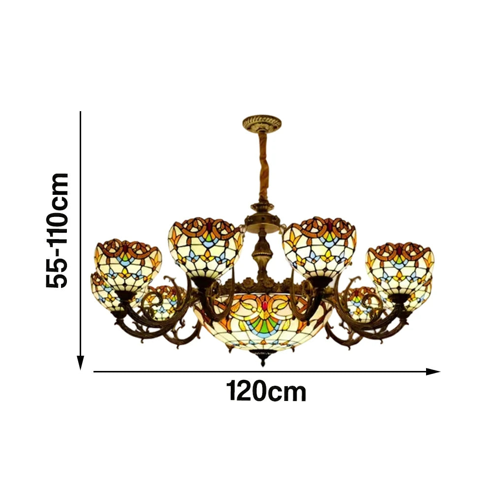 LUXORA 110/120cm European Vintage Colored Glass Chandelier Multi-Light Iron Decorative Adjustable Chain Living Room Dining Bedroom Study