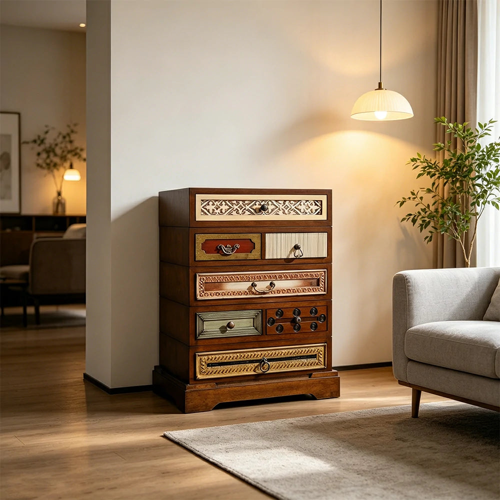 LUXORA Vintage Multi-Drawer Cabinet - Solid Wood Storage Chest for Bedroom Entryway - Walnut