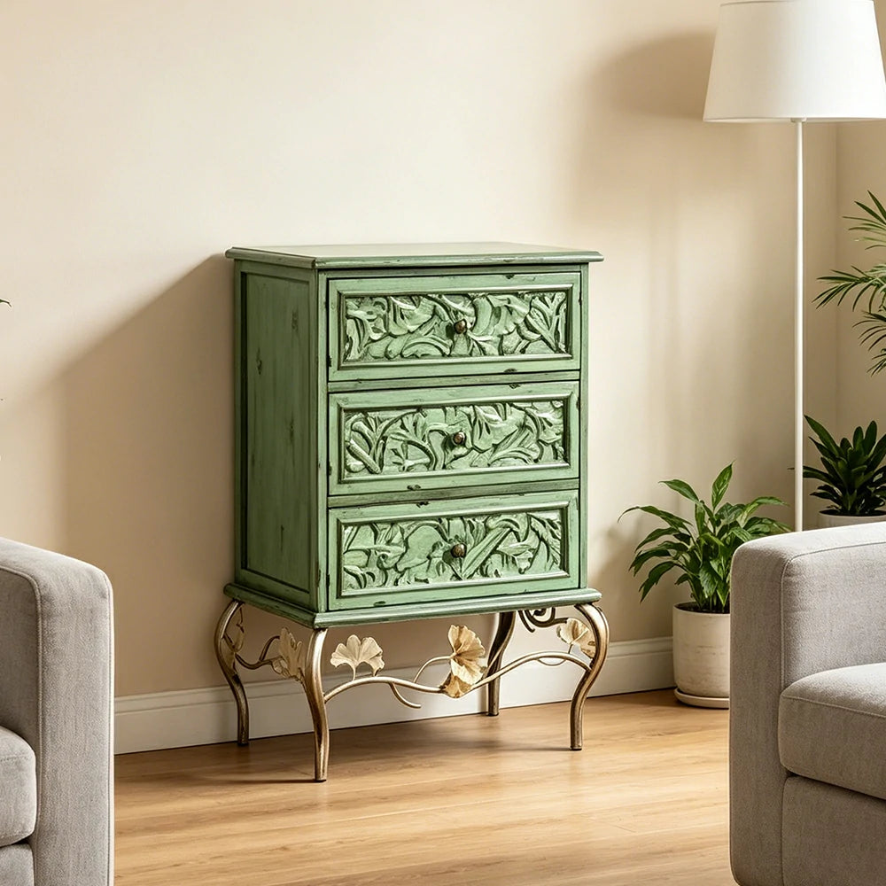 LIVARA 3-Drawer Cabinet - Vintage Carved Storage Chest for Bedroom Entryway - Green