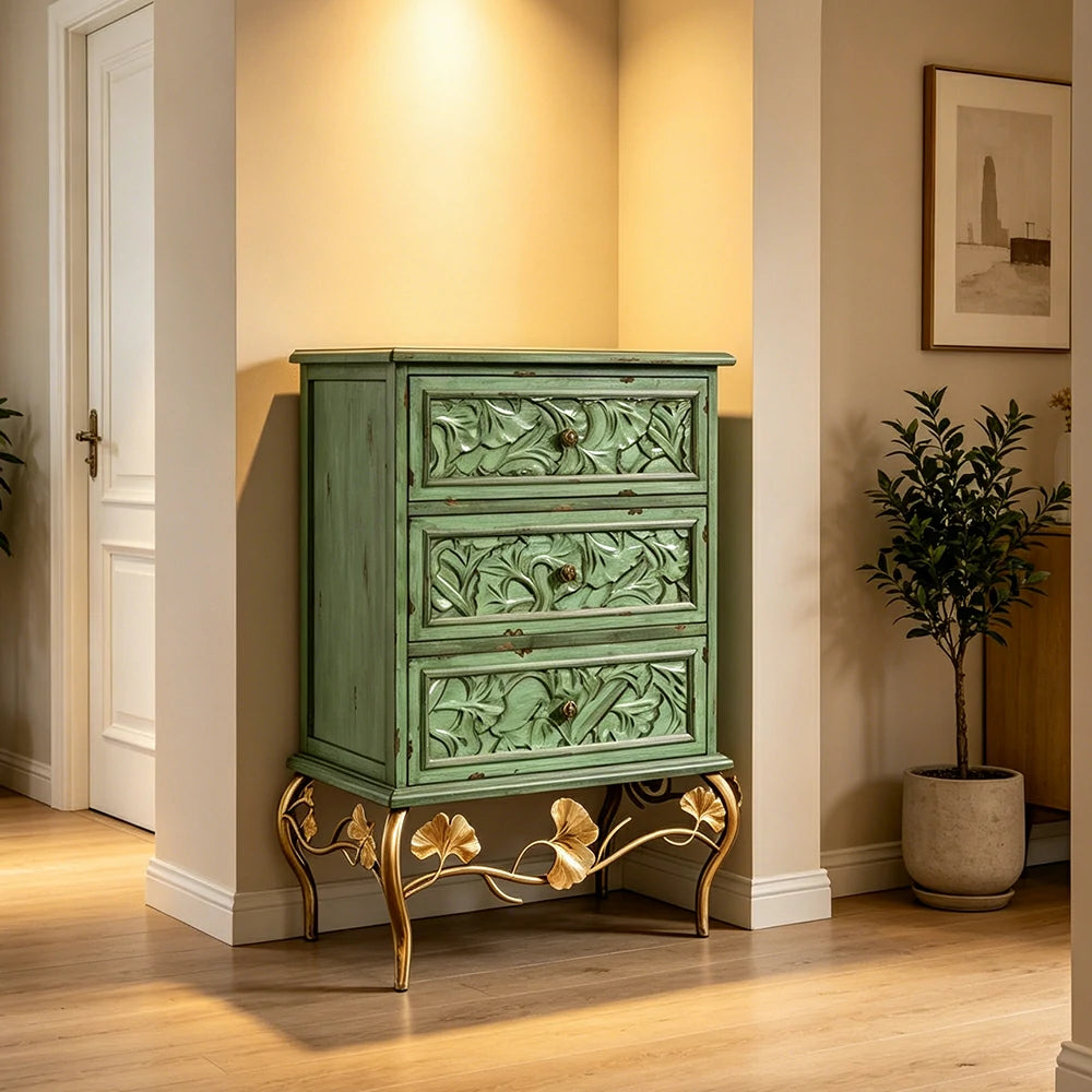 LIVARA 3-Drawer Cabinet - Vintage Carved Storage Chest for Bedroom Entryway - Green