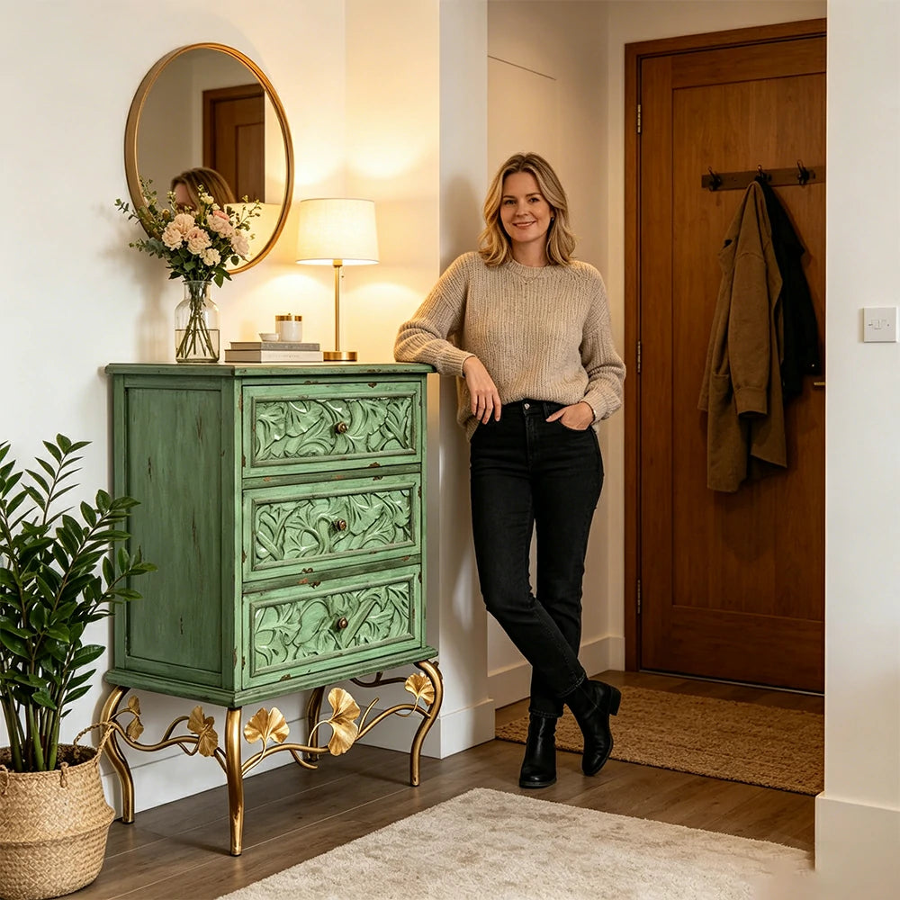 LIVARA 3-Drawer Cabinet - Vintage Carved Storage Chest for Bedroom Entryway - Green